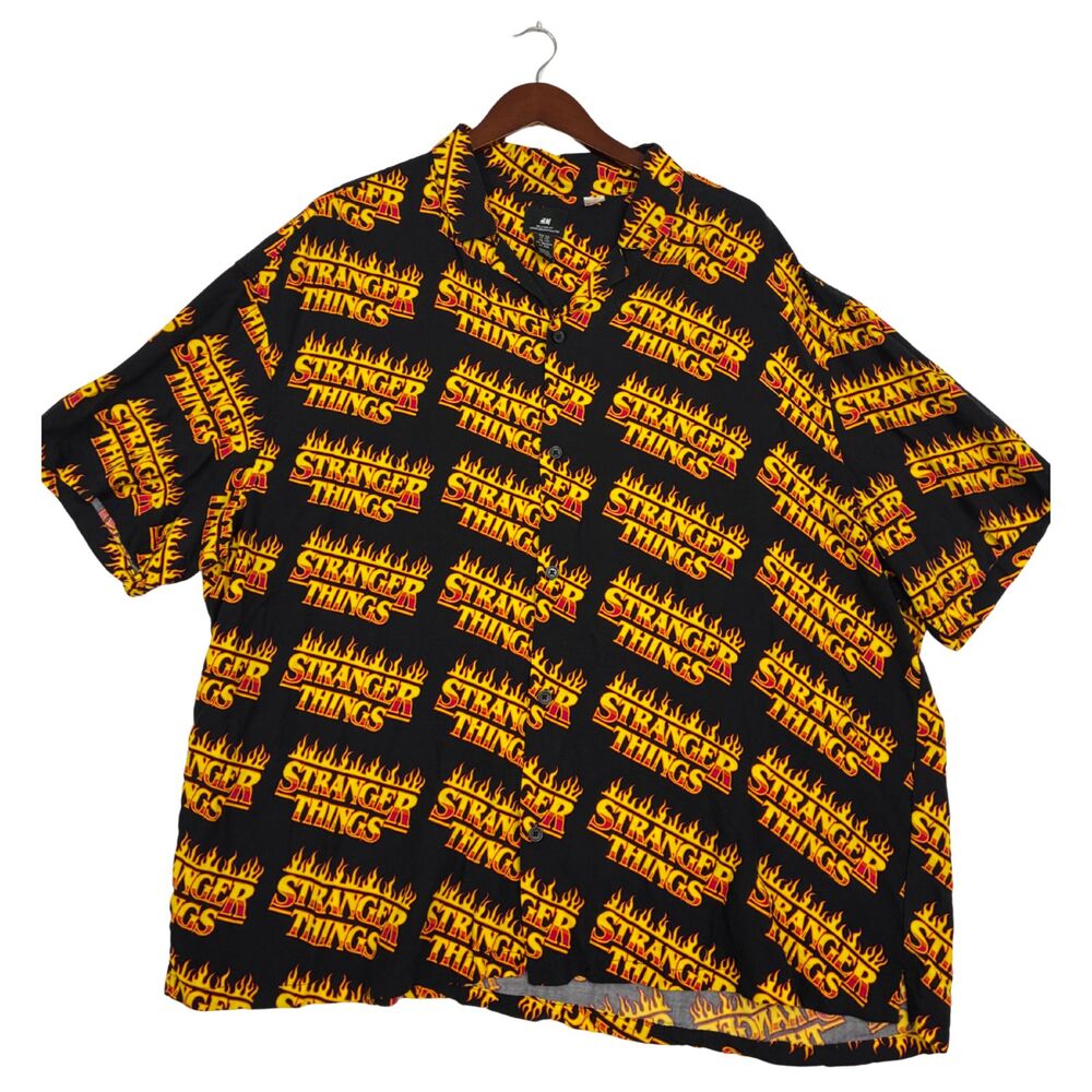 H&M Stranger Things Netflix Men's XXL Black Flame All Over Print Button Shirt